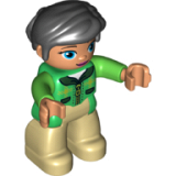 LEGO 47394pb222 Duplo Figure Lego Ville, Female, Tan Legs, Green Jacket with Dark Green Collar, Bright Green Arms, Black Hair