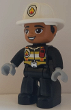 LEGO 47394pb272 Duplo Figure Lego Ville, Male Firefighter, Black Legs, Black Jacket with Safety Harness, White Helmet with Silver Fire Badge and Radio, Brown Eyes
