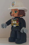 LEGO 47394pb273 Duplo Figure Lego Ville, Female Firefighter, Black Legs, Black Jacket with Safety Harness, White Helmet with Silver Fire Badge and Radio, Green Eyes